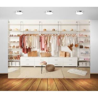 Imagem de BELECO Tecido moderno de 2,4 x 1,8 m de pano de fundo de apartamento, vestiário feminino, branco, guarda-roupa, roupa de fundo, videoconferência, sessão de fotos, adereços de cabine de estúdio