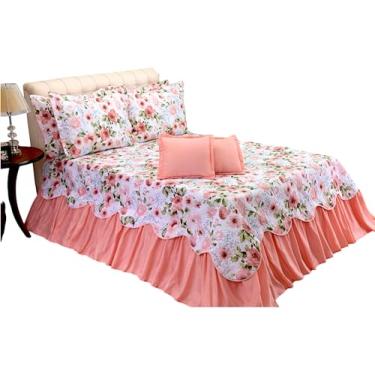 Imagem de Kit 5 Peças Cobre Leito Casal Queen 2,50m x 2,40m com Porta Travesseiro 70x50 e Capa de Almofada 40x40 Estampado com Babado Buquê Rosa