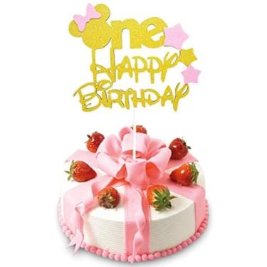 Imagem de ZOIN Glitter Gold Pink One Cake Topper para Meninas Primeiro Aniversário Minnie Mouse Decorações de Bolo de Festa
