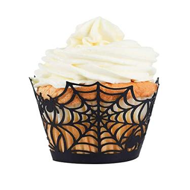 Imagem de Embalagens para cupcake, pacote Giveme5 com 50 teias de aranha para festa de Halloween, papel cortado a laser, forros pretos (pacote com 50)