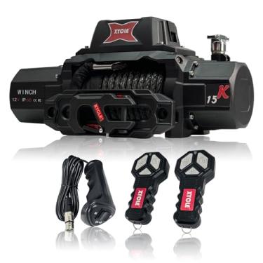 Imagem de Guincho elétrico de 6,803 kg 12V IP68 à prova d'água guinchos de resgate de veículos off-road com 2 controles remotos sem fio e corda sintética de 1/5.1 cm adequado para reboques SUVs, madeireiros