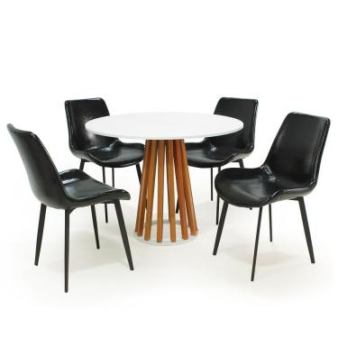 Imagem de Mesa De Jantar Redonda Talia Branca Amadeirada 100cm Com 4 Cadeiras Estofadas Chicago - Preto