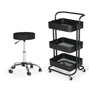 Imagem de Kit Estética Com Banco Mocho E Carrinho Multiuso - Preto