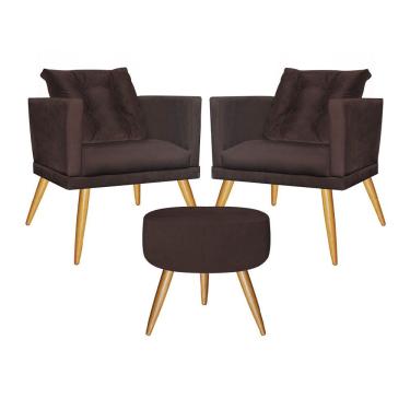 Imagem de Kit 02 Poltrona Com Almofada Solta E Puff Kim Luxo Confort Pé Madeira Sala Marrom - Amey Decor