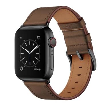 Imagem de OUHENG Pulseira de substituição de couro genuíno compatível com Apple Watch séries 10/9/8/7/6/5/4/3/2/1/SE2/SE, marrom café/preto