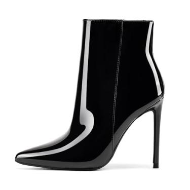 Imagem de GENSHUO Botas De Cano Curto Femininas, Salto Alto, Couro Envernizado, Pretas, Tamanho 8,5