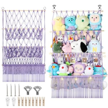 Imagem de iHansee Rede De Armazenamento Para Bichos Pelúcia 3 Camadas, 24 X 39 Pol., Grande Com Luz Led E Clipes Mini Pelúcias Médias, Suporte Parede Macramê Boho Roxo Exibição Crianças, Meninas Meninos
