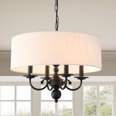 Imagem de Cawabien Lustre Drum, Luminária Pendente De Teto Com 4 Luzes E Cúpula Bege, Para Sala Jantar, Estar, Quarto, Cozinha Ilha (17,75")