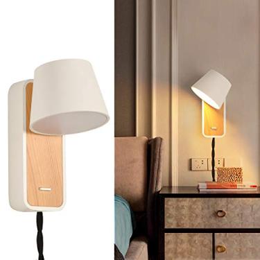 Imagem de INJAK Luminárias De Parede Contemporâneas Brancas Com Encaixe, Lâmpadas Led 2700K, Arandelas Design Madeira Para Sala Estar, Quarto, Corredor, Luminária Alumínio Sem Fio, Cabeceira Leitura (Luz Incl