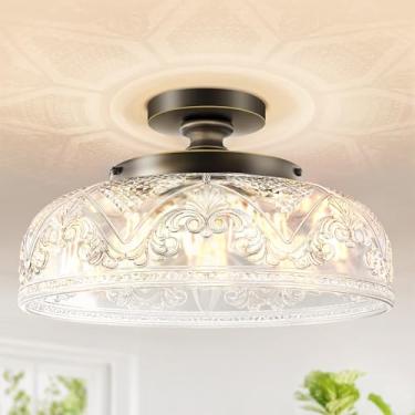 Imagem de Slypadan Luminária De Teto Semi-Embutida, Grande Bronze 12", Vidro Globo Com 3 Luzes, Estilo Fazenda, Para Cozinha, Banheiro, Corredor, Sala Jantar (Lâmpada Não Incluída)