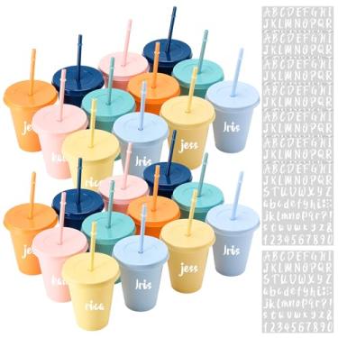 Imagem de Qinyoung Conjunto de 24 copos de plástico com tampas e canudos, conjunto de copos de café gelados coloridos arco-íris reutilizáveis de 473 ml com adesivos para festa de verão adulto (cores Morandi)