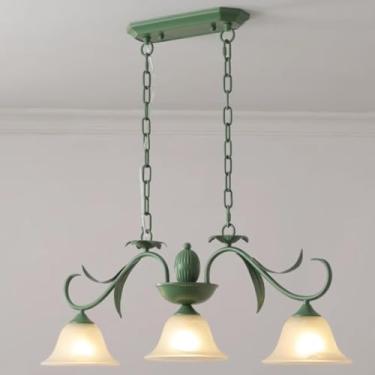 Imagem de Retro Long Green Iron Lamp Corpo Pingente Luz, 3-luz Abajur De Vidro Lustre Lâmpadas, Lustres De Cozinha Sobre A Mesa, Corredor Bar Balcão Luminárias De Sala De Estar
