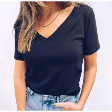 Imagem de Kit com 2 Blusas podrinha gola v manga curta moda feminina básica - Fi