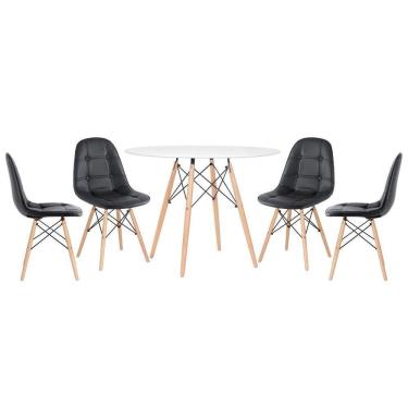 Imagem de Mesa Redonda Eames 100 Cm Branco + 4 Cadeiras Estofadas Eiffel Botonê Preto Preto