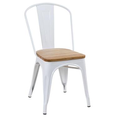 Imagem de Cadeira Iron Tolix Com Assento De Madeira Industrial Jantar Cozinha Branco