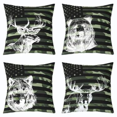 Imagem de Feelyou Capas de almofada vintage urso 45,72 cm x 45,72 cm conjunto de 4 capas macias para crianças, meninos, meninas, cabana, veado, caça, fronhas, fazenda, lobo, alce, animal selvagem, bandeira dos