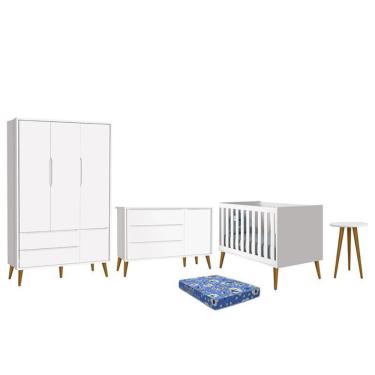 Imagem de Dormitório Infantil Theo Retrô 3 Portas, Cômoda 1 Porta, Berço, Mesa de Apoio com Pés Amadeirado e Colchão - Reller Móveis Branco Fosco