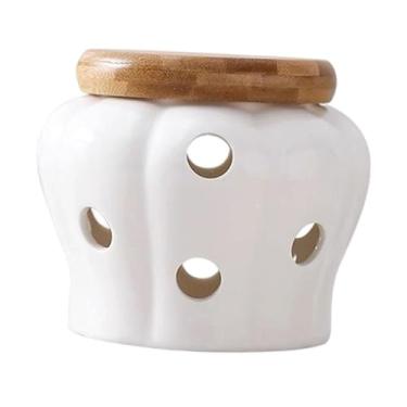 Imagem de WeiLaiKeQi Pote de Porcelana para Alho, Pote de Abóbora em Formato de Abóbora para Lanches e Doces com Tampa de Madeira e Bambu, Recipiente de Armazenamento para