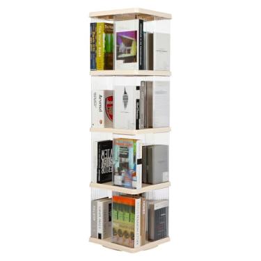 Imagem de FAHKNS Estante rotativa de 4 níveis, estante de 360° para exibição no chão, prateleira de livros para espaço pequeno, estante giratória para escritório, quarto, sala de estar, retangular