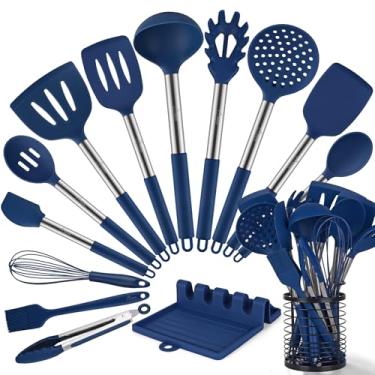 Imagem de HOTEC Utensílios de cozinha de silicone resistente ao calor de 230 °C, conjunto de utensílios de cozinha sem BPA, conjunto de espátula, utensílios de cozinha, com suporte de utensílios de aço