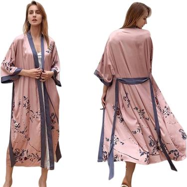 Imagem de Robe Stin Robe Mulheres Verão Camisola Lingerie Impressão Flor Pijamas Camisola V-neck Kimono Roupão De Banho Vestido Loungewear, Dark Pink Branch, One Size