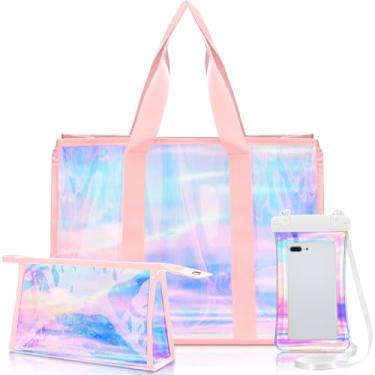 Imagem de Yoojahow 3 bolsas de praia impermeáveis femininas transparentes iridescentes bolsa cosmética para telefone, viagem, praia, piscina, essenciais, rosa, Large