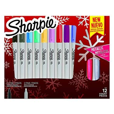 Imagem de Sharpie Marcadores permanentes de ponta fina, caixa de presente de férias, cores de tinta sortidas, pacote com 12 marcadores