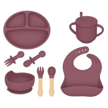 Imagem de Kit Introdução Alimentar Bebê 8 Peças Silicone – Livre de BPA, Atóxico, Antibacteriano – Colher, Garfo, Copinho, Pote e Pratinho – Seguro, Colorido e Flexível (Vinho)