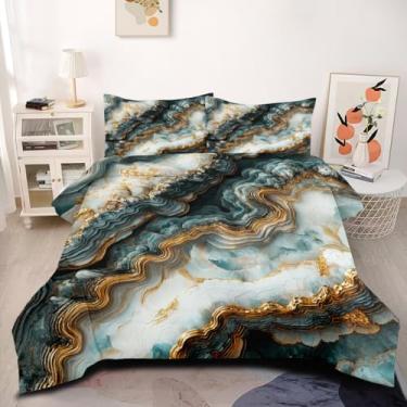 Imagem de CCoutueChen Conjunto de edredom king de mármore azul-petróleo, dourado, texturizado, abstrato, para meninos e meninas, estilo marmoreio artístico, verão, macio, respirável, conjunto de cama de