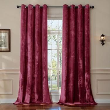 Imagem de SMILETIME Cortinas de veludo amassado vermelho bordô 132 x 274 cm luxuosas cortinas à prova de som com isolamento térmico para sala de estar, quarto, escritório, tratamentos de janela com filtro de