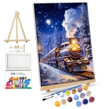 Imagem de JOOZ Kit de pintura de Natal por números para adultos com quadro de trem de pintura por número com cavalete árvore de Natal kits de pintura a óleo de lua DIY emoldurado para decoração de parede de