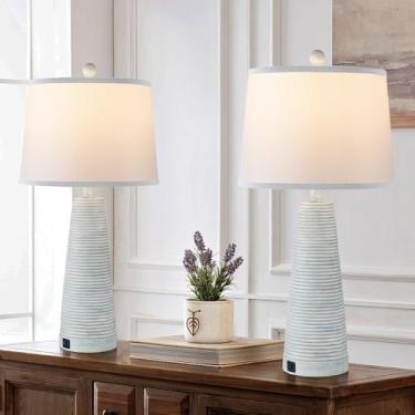 Imagem de Terpsichore Luminária De Mesa De Cabeceira, Luminária De Mesa Vintage, Conjunto De 2 Luminárias De Mesa Rústicas De Fazenda, Luz Regulável De 3 Vias, Adequada Para Sala De Estar E Quarto, Com Abaju