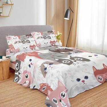 Imagem de Jogo de cama casal com desenho fofo de gatos, microfibra macia e respirável, 1 lençol com elástico, 1 lençol de cima e 2 fronhas