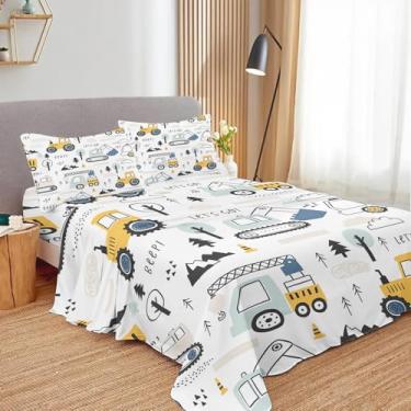 Imagem de Jogo de lençol casal infantil com desenho animado de trator, microfibra macia e respirável, 1 lençol com elástico, 1 lençol de cima e 2 fronhas