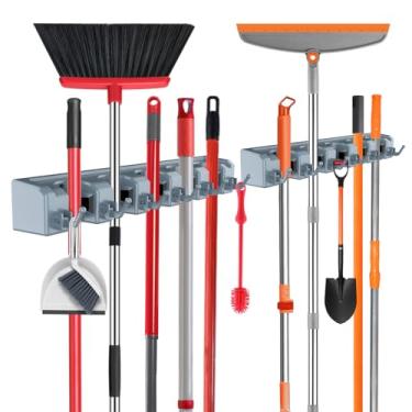 Imagem de nacena Suporte de parede para vassoura, 2 pacotes de ferramentas de jardim cinza e organizador de armário utilitário para esfregão e gancho de vassoura montado na parede, organizador de vassoura e