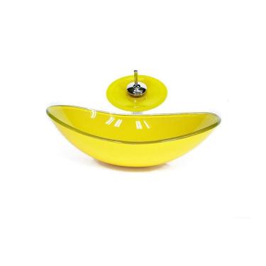 Imagem de Cuba De Vidro Oval 55Cm Amarela + Valvula + Torneira Cascata