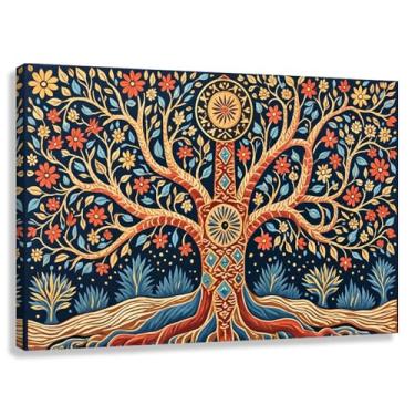 Imagem de Árvore da Vida Arte de Parede Impressão em Tela Decoração Flor de Lótus Imagens Símbolo Espiritual Sala de Estar Vermelho Azul 90x60cmx1