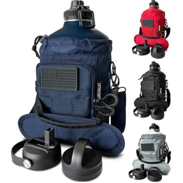 Imagem de LUNCHALOT Garrafa de água de 1 galão – Garrafa de água de metal de aço inoxidável isolada de 3,6 g com suporte – bolsa de transporte – alça de bico – tampas de canudo – Mantenha frio e quente – Frasco