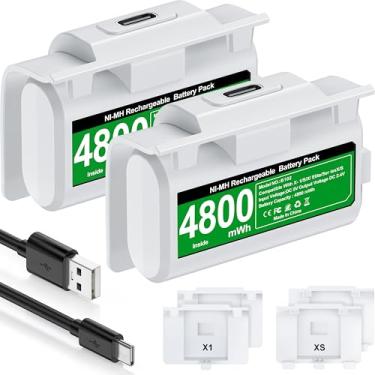 Imagem de Pacote de bateria Xbox recarregável com 4 capas traseiras e um cabo de carregamento USB C, 2 x 4800 mWh, kit de bateria e carregador para Xbox One e Xbox Series X/S-branco
