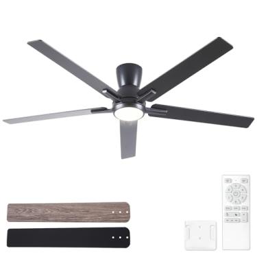 Imagem de Sevenine Ventiladores de teto pretos de 152 cm com luzes e controle remoto, ventilador de teto preto de baixo perfil para quarto, sala de estar, pátio/ao ar livre, motor CC reversível silencioso de 6