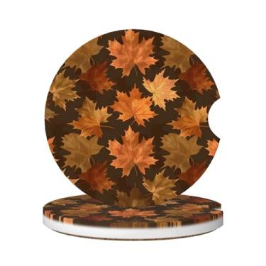 Imagem de Neukim Pacote com 2 porta-copos para copo de carro com folhas de bordo de outono, 6 cm vintage folha laranja antiderrapante porta-copos absorvente de cerâmica com base de cortiça e entalhe de dedo