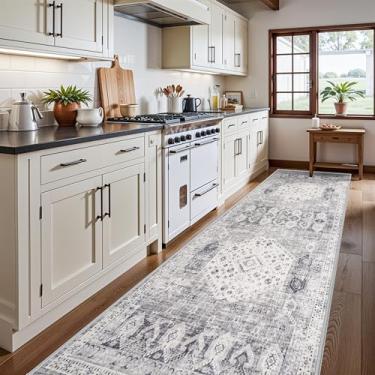 Imagem de Tapete passadeira de cozinha lavável, 1,2 x 3,7 m – Tapetes largos com forro antiderrapante, vintage, pelo baixo, ultramacio para decoração de entrada, corredor, quarto, lavanderia, banheiro (cinza)