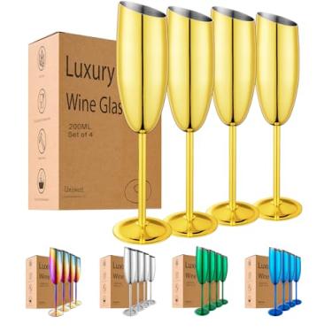 Imagem de UNISWEET Conjunto de 4 taças de champanhe, taças de champanhe de aço inoxidável para casamento e festa de aniversário, taça de champanhe inquebrável de boca inclinada de 200 ml com haste longa e