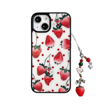 Imagem de Linda capa de bolinhas vermelhas morango para iPhone 16 Pro 6,3 polegadas com pingente de telefone, estética moderna chique fruta padrão protetora meninas mulheres capa + corrente para 16pro 16 cm