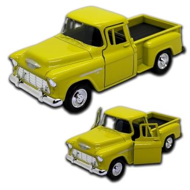 Imagem de Miniatura de carro Chevrolet Stepside 1955 em Metal, com fricção, pneus em borracha, abertura de portas laterais, 12 CM, 1/32, Resistente a quedas (Amarelo)