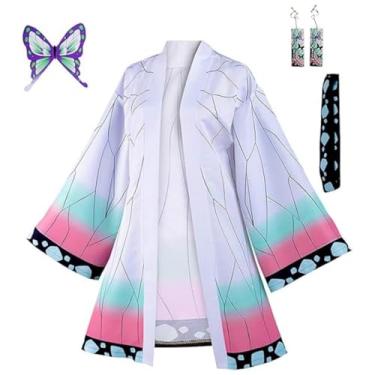 Imagem de IOONCHI Shinobu Robe Adult Pink Cloak Kochou Shinobu Cosplay Costume Color Block Kimono Cardigan Jacket Earrings Set