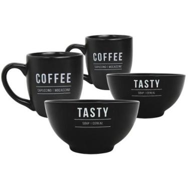 Imagem de Kit De Canecas Em Porcelana Preta 300ml Com Bowls 440ml Para Sopa 4 Pe