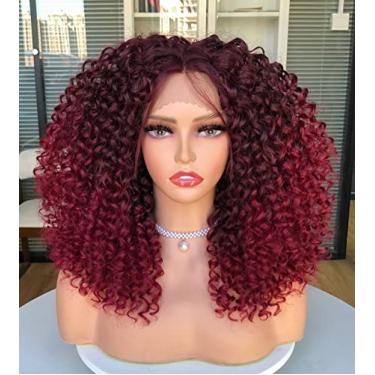 Imagem de ANNIVIA Peruca frontal de renda curta para mulheres negras, borgonha, HD, peruca encaracolada frontal pré-arrancada com cabelo de bebê, raízes escuras, borgonha, vermelho, sintético, bob, kinky, afro