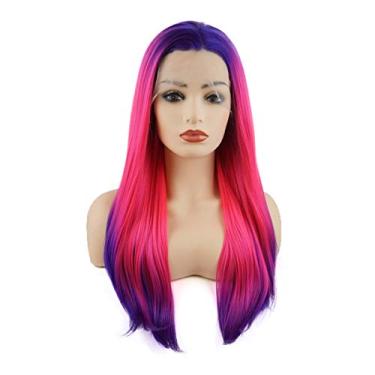 Imagem de Meiyite Cabelo Liso Longo 61 cm Raiz Roxa Rosa Vermelha Ombre Densidade Pesada Peruca Sintética Realista Lace Front Wigs