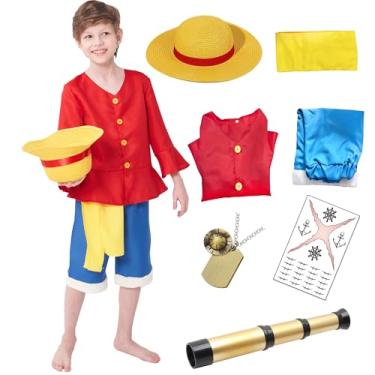 Imagem de XUAURDT Kids Pirate Costume Red Suits Top Pants Boys Pirate Outfits Halloween Anime Props Straw Hat Dress Up Shirt Shorts Costume (Red, Tag 150)